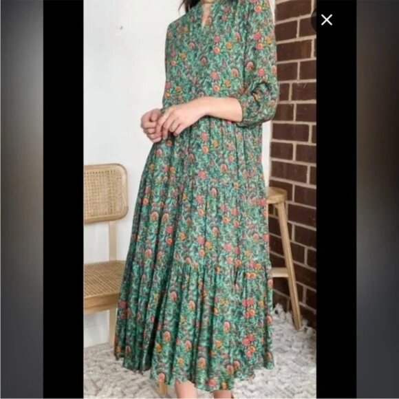 Celina Moon Green Floral Tiered Midi Dress Small NEW NWOT - Picture 2 of 10